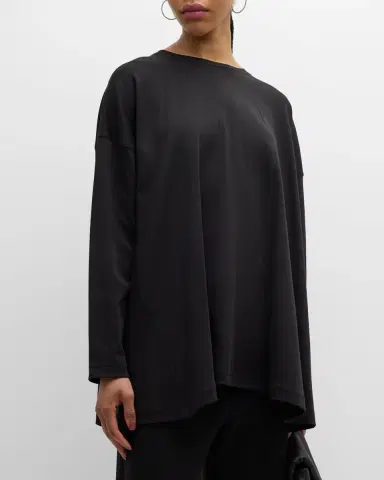 Eskandar Side Panelled Round Neck Long Sleeve T-Shirt (Mid Plus Length) | Thumbnail 3