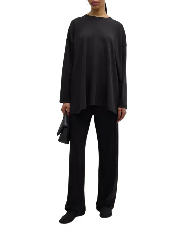 Eskandar Side Panelled Round Neck Long Sleeve T-Shirt (Mid Plus Length)
