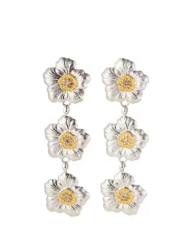 Buccellati Blossoms Gardenia Sterling Silver and 18K Yellow Gold Diamond Triple Drop Earrings