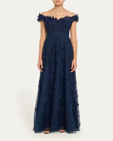 Rickie Freeman for Teri Jon Off-Shoulder Floral-Embroidered Tulle Gown | Thumbnail 2