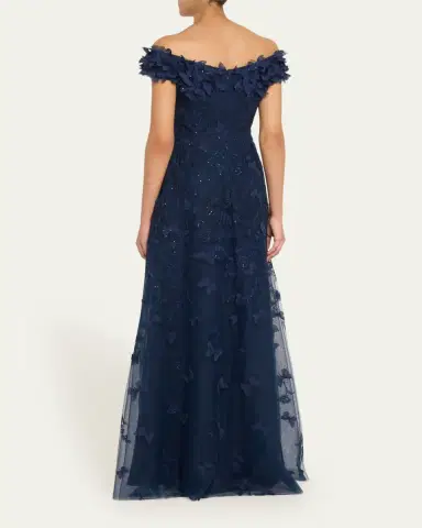 Rickie Freeman for Teri Jon Off-Shoulder Floral-Embroidered Tulle Gown | Thumbnail 3