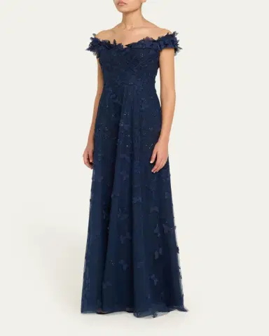 Rickie Freeman for Teri Jon Off-Shoulder Floral-Embroidered Tulle Gown | Thumbnail 4