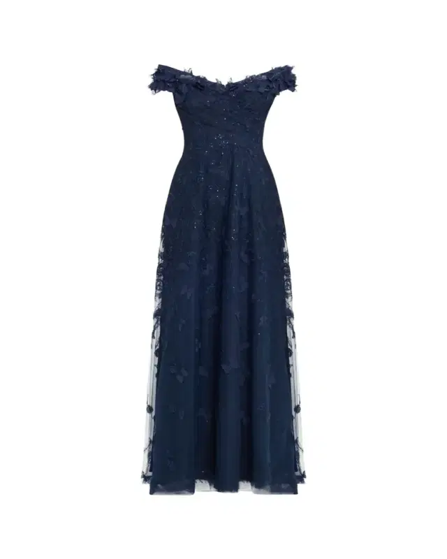 Rickie Freeman for Teri Jon Off-Shoulder Floral-Embroidered Tulle Gown