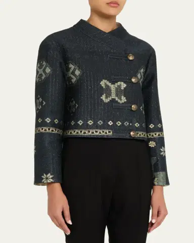 Giorgio Armani Geo-Print Metallic Pinstripe High-Low Caban Coat | Thumbnail 4 Giorgio Armani Geo-Print Metallic Pinstripe High-Low Caban Coat | Thumbnail 4