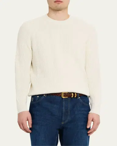 Brunello Cucinelli Men's Cotton Rib Crewneck Sweater | Thumbnail 4
