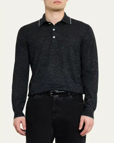 Brunello Cucinelli Men's Cashmere Tipped-Collar Polo Sweater | Thumbnail 4 Brunello Cucinelli Men's Cashmere Tipped-Collar Polo Sweater | Thumbnail 4
