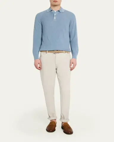 Brunello Cucinelli Men's Cotton English Rib Knit Polo Sweater | Thumbnail 2