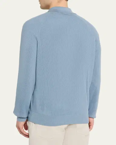 Brunello Cucinelli Men's Cotton English Rib Knit Polo Sweater | Thumbnail 3
