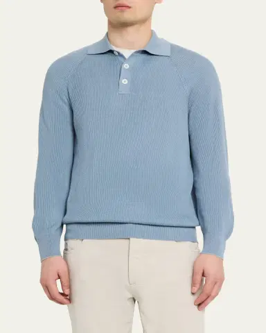 Brunello Cucinelli Men's Cotton English Rib Knit Polo Sweater | Thumbnail 4