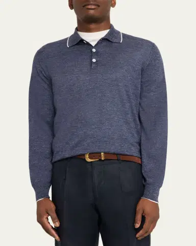 Brunello Cucinelli Men's Cashmere Tipped-Collar Polo Sweater | Thumbnail 4