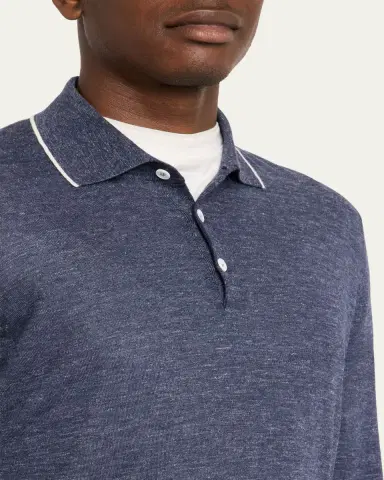 Brunello Cucinelli Men's Cashmere Tipped-Collar Polo Sweater | Thumbnail 5