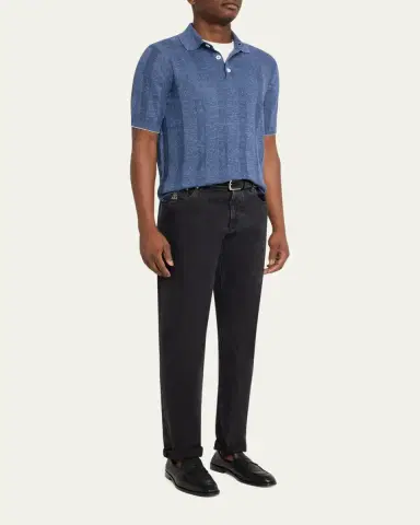 Brunello Cucinelli Men's Linen and Cotton Ribbed Short-Sleeve Polo Sweater | Thumbnail 2