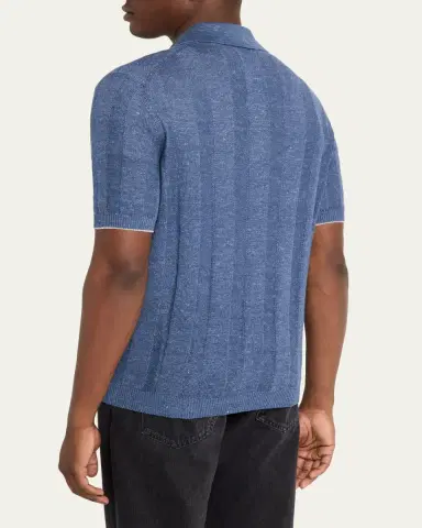 Brunello Cucinelli Men's Linen and Cotton Ribbed Short-Sleeve Polo Sweater | Thumbnail 3