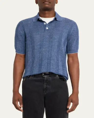 Brunello Cucinelli Men's Linen and Cotton Ribbed Short-Sleeve Polo Sweater | Thumbnail 4