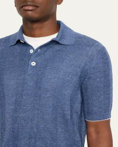 Brunello Cucinelli Men's Linen and Cotton Ribbed Short-Sleeve Polo Sweater | Thumbnail 5