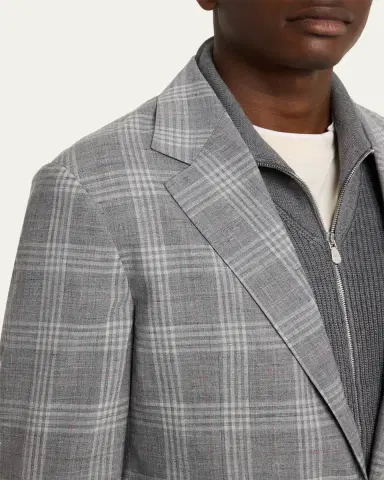 Brunello Cucinelli Men's Wool, Silk and Linen Plaid Single-Breasted Suit Jacket | Thumbnail 5 Brunello Cucinelli Men's Wool, Silk and Linen Plaid Single-Breasted Suit Jacket | Thumbnail 5