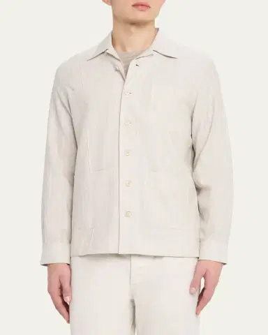 Brunello Cucinelli Men's Cotton and Linen Stripe Button-Down Shirt | Thumbnail 4