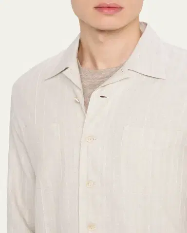 Brunello Cucinelli Men's Cotton and Linen Stripe Button-Down Shirt | Thumbnail 5
