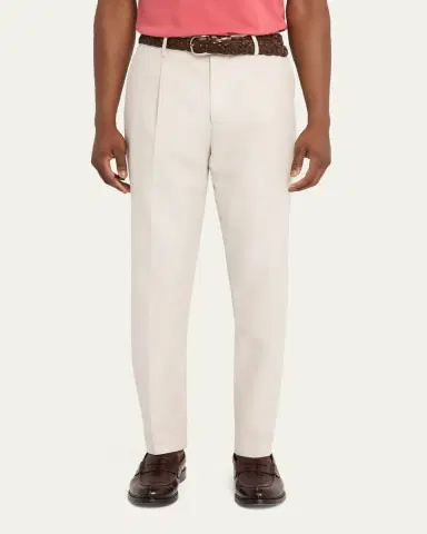 Brunello Cucinelli Men's Cotton and Linen Leisure-Fit Pleated Trousers | Thumbnail 4 Brunello Cucinelli Men's Cotton and Linen Leisure-Fit Pleated Trousers | Thumbnail 4
