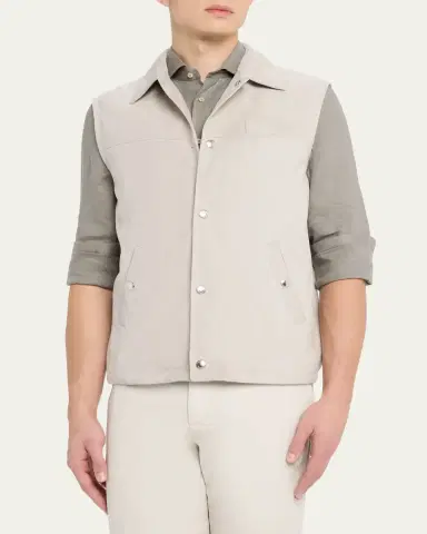 Brunello Cucinelli Men's Down Leather Snap-Front Vest | Thumbnail 4