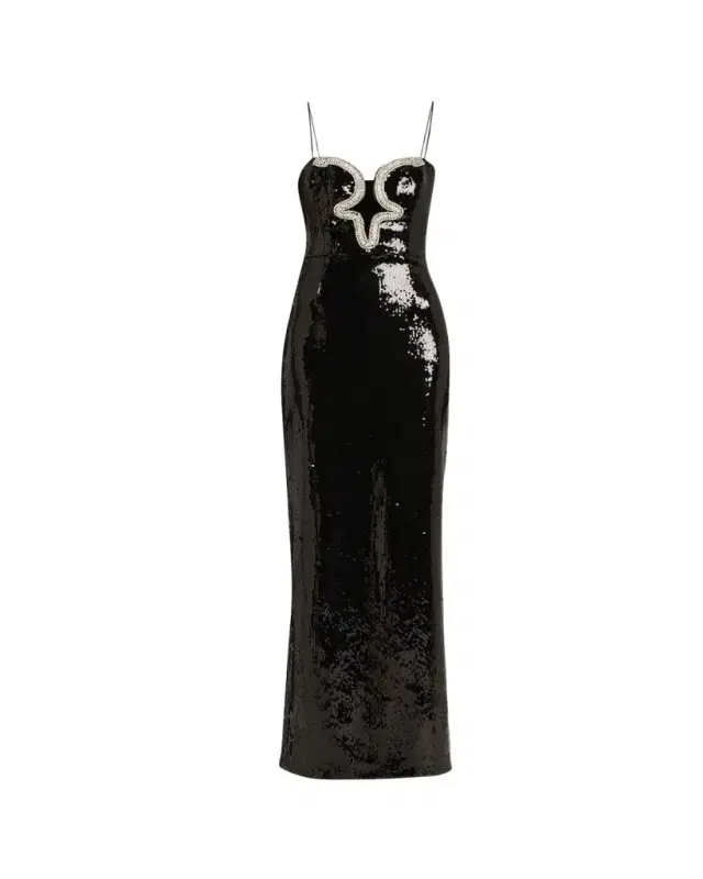 Lyra Plunging Diamante Snake-Trim Sequin Gown
