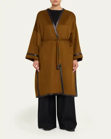 Brioni Leather-Trim Cashmere Oversized Wrap Coat | Thumbnail 2