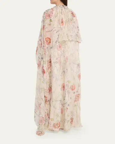 Alexander McQueen Crystal Meadow Floral-Print Asymmetric Cape Gown | Thumbnail 3