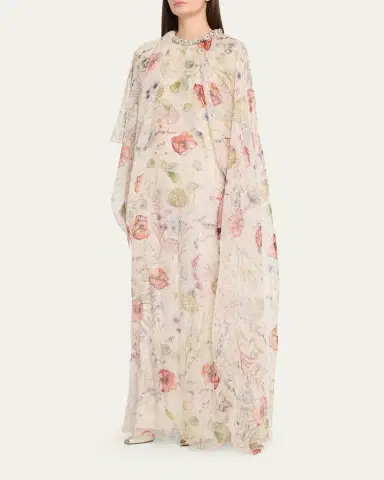Alexander McQueen Crystal Meadow Floral-Print Asymmetric Cape Gown | Thumbnail 4