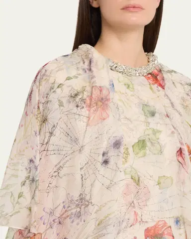 Alexander McQueen Crystal Meadow Floral-Print Asymmetric Cape Gown | Thumbnail 5