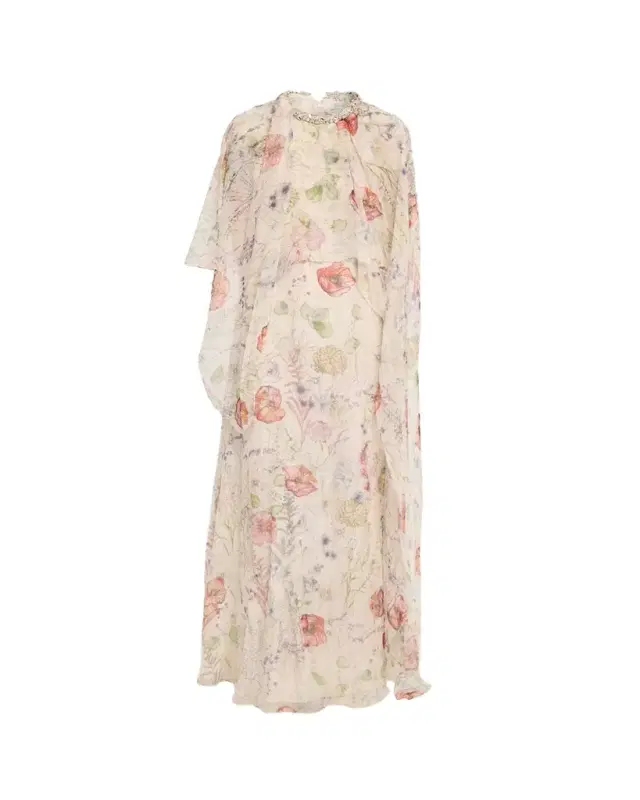 McQueen Crystal Meadow Floral-Print Asymmetric Cape Gown