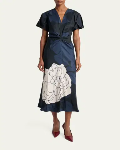 Victoria Beckham Eve Floral-Print Twill Gathered-Waist Midi Dress | Thumbnail 2