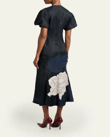 Victoria Beckham Eve Floral-Print Twill Gathered-Waist Midi Dress | Thumbnail 3