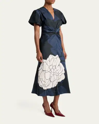 Victoria Beckham Eve Floral-Print Twill Gathered-Waist Midi Dress | Thumbnail 4