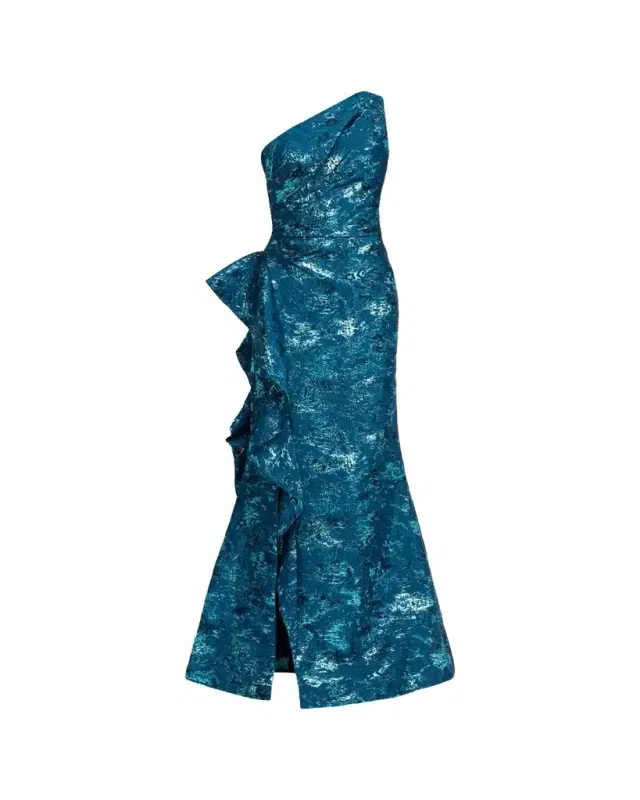 Rickie Freeman for Teri Jon Metallic Jacquard One-Shoulder Side-Ruffle Gown
