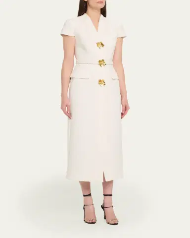 Oscar de la Renta Cap-Sleeve Slub Tweed Buttoned Midi Day Dress | Thumbnail 2
