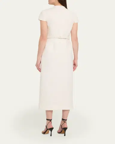 Oscar de la Renta Cap-Sleeve Slub Tweed Buttoned Midi Day Dress | Thumbnail 3