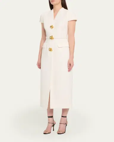 Oscar de la Renta Cap-Sleeve Slub Tweed Buttoned Midi Day Dress | Thumbnail 4