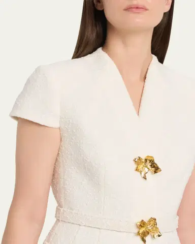 Oscar de la Renta Cap-Sleeve Slub Tweed Buttoned Midi Day Dress | Thumbnail 5