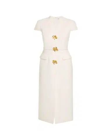 Oscar de la Renta Cap-Sleeve Slub Tweed Buttoned Midi Day Dress | Thumbnail 1