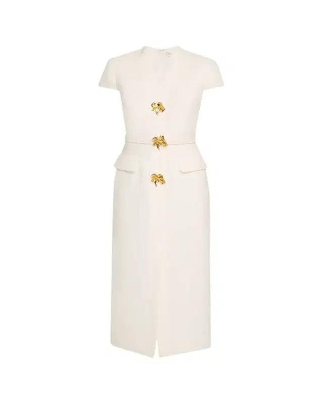 Cap-Sleeve Slub Tweed Buttoned Midi Day Dress