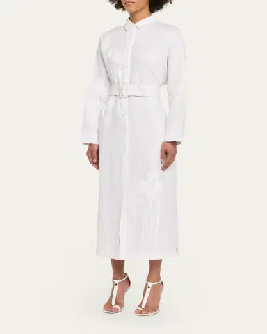 Libertine White On White Hand Silk Screen Belted Linen Shirtdress | Thumbnail 3