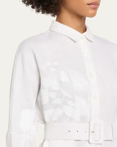 Libertine White On White Hand Silk Screen Belted Linen Shirtdress | Thumbnail 4