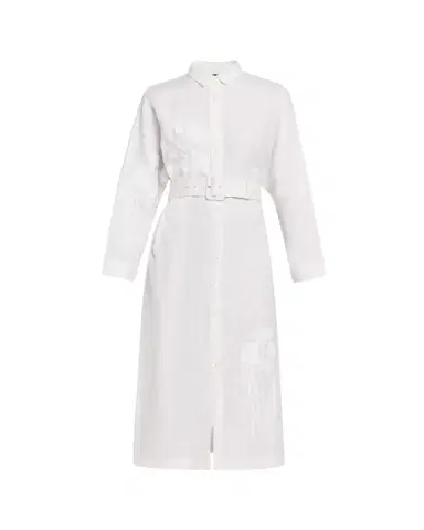 Libertine White On White Hand Silk Screen Belted Linen Shirtdress | Thumbnail 1