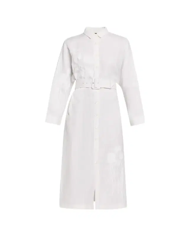 White On White Hand Silk Screen Belted Linen Shirtdress