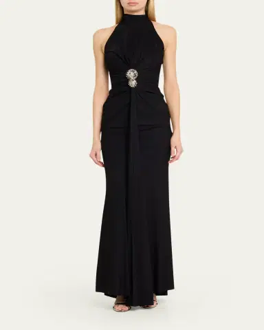 Chiara Boni La Petite Robe Nitsa Floral-Embellished Halter Column Gown | Thumbnail 2 Chiara Boni La Petite Robe Nitsa Floral-Embellished Halter Column Gown | Thumbnail 2