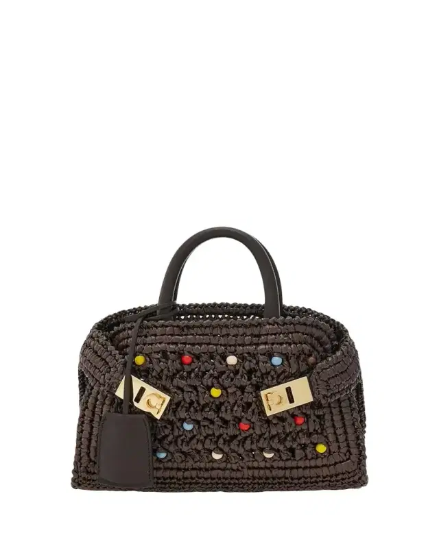 Ferragamo Hug Beaded Raffia Top-Handle Bag