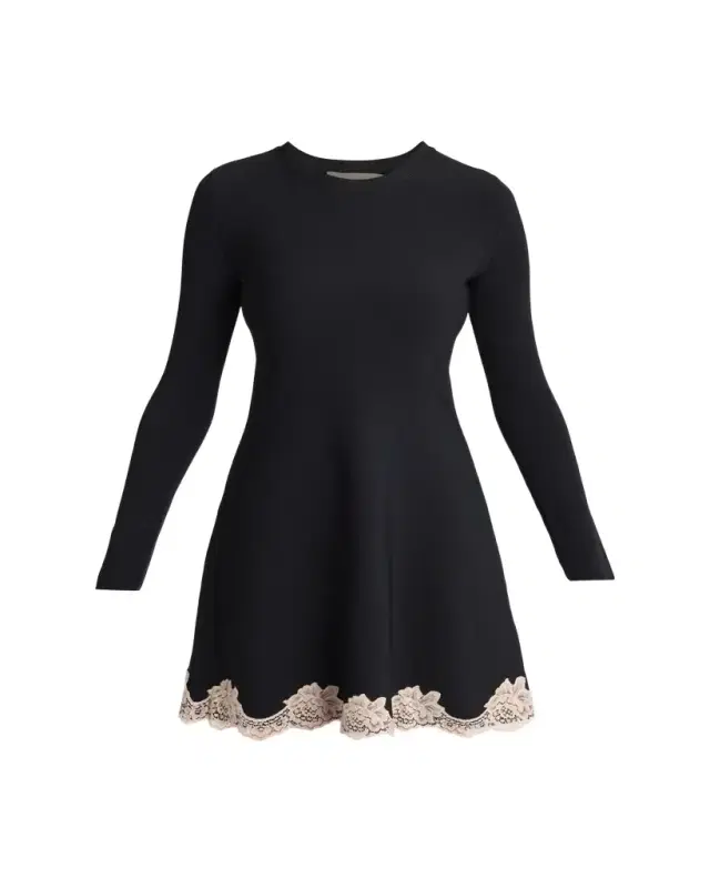 Valentino Garavani Lace-Trim Long-Sleeve Knit Mini Dress