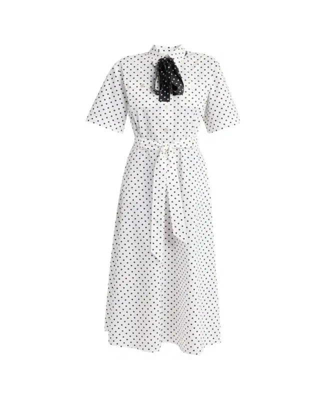 Valentino Garavani Polkadot-Print Cotton Neck-Scarf Midi Shirtdress