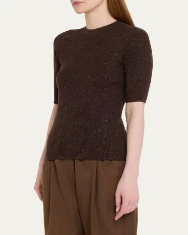 Brunello Cucinelli Metallic Rib Short-Sleeve Crewneck Sweater | Thumbnail 4 Brunello Cucinelli Metallic Rib Short-Sleeve Crewneck Sweater | Thumbnail 4
