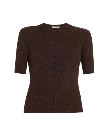 Brunello Cucinelli Metallic Rib Short-Sleeve Crewneck Sweater | Thumbnail 1 Brunello Cucinelli Metallic Rib Short-Sleeve Crewneck Sweater | Thumbnail 1